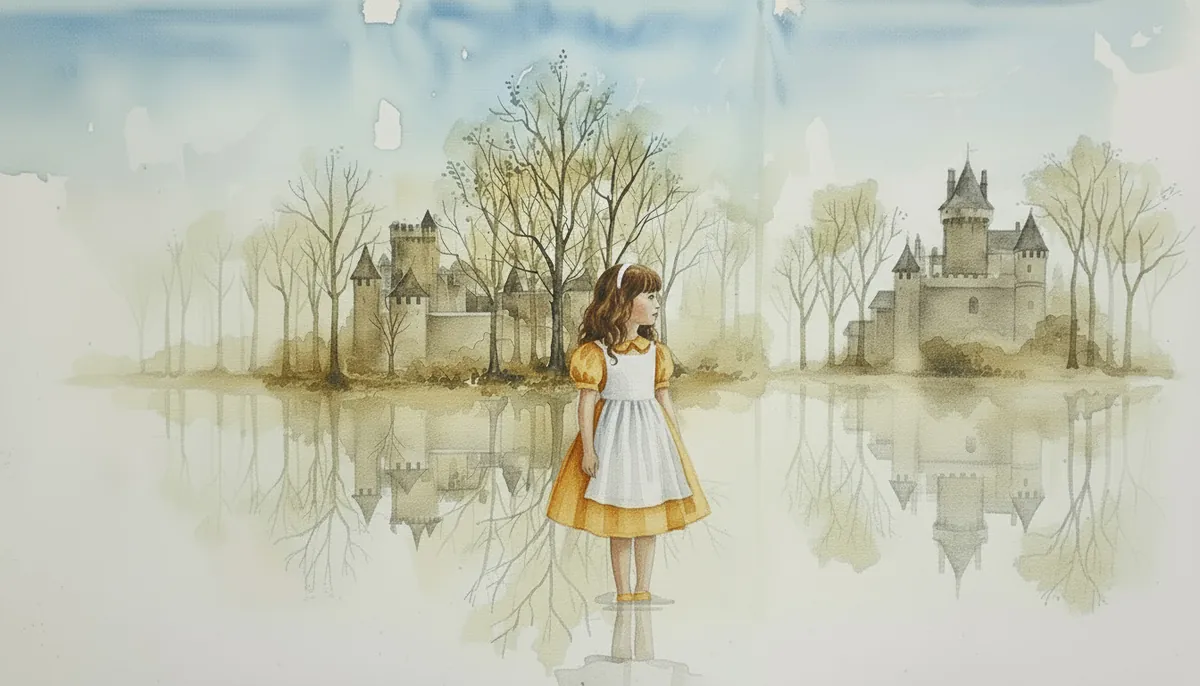 Una niña de amarillo, de espaldas, ante un lago que refleja dos castillos entre árboles desnudos. Acuarela de Aran.