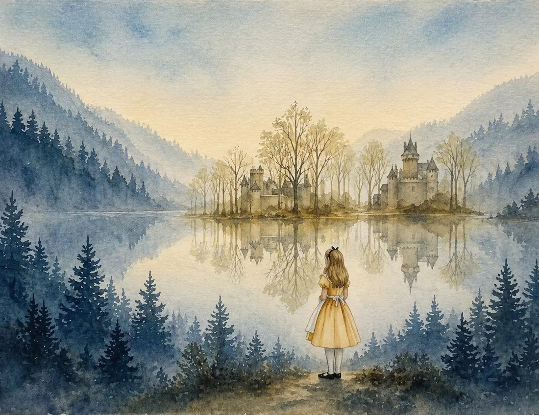 Alicia ante un lago; en la niebla se asoma un castillo. Acuarela de Aran.